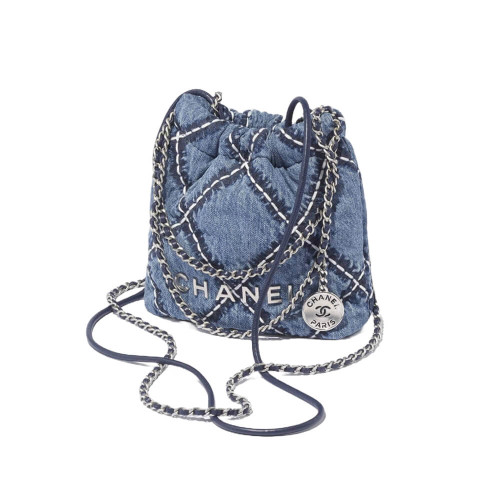 Chanel 22 Mini Handbag Sliver Logo Stitched Denim Blue